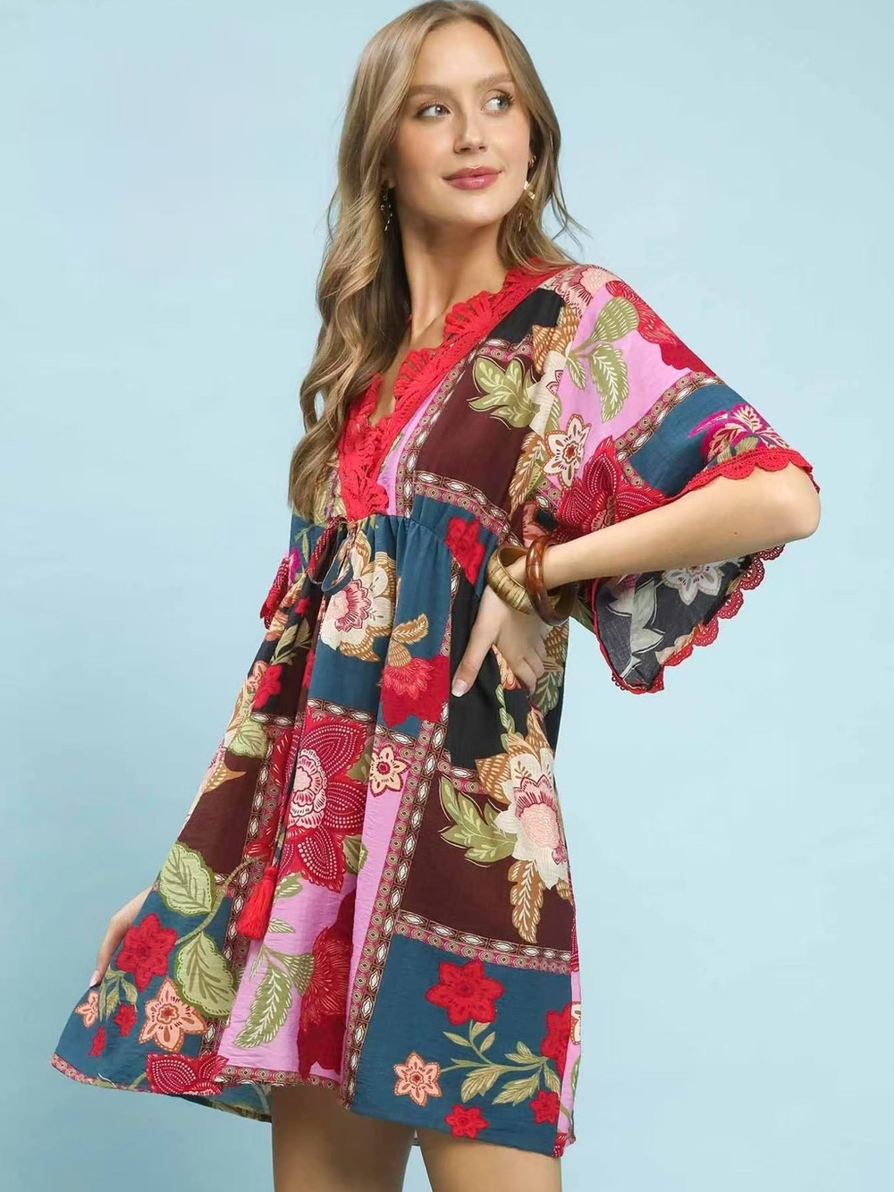 ♥️Hello Gorgeous! Umgee Abstract Print V-Neck Mini Dress- Pink Mix